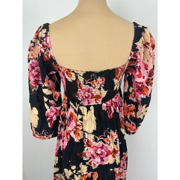 Anthropologie Size XS S Blossom Black Floral Maxi Dress Puff sleeves Smocked - Picture 8 of 13